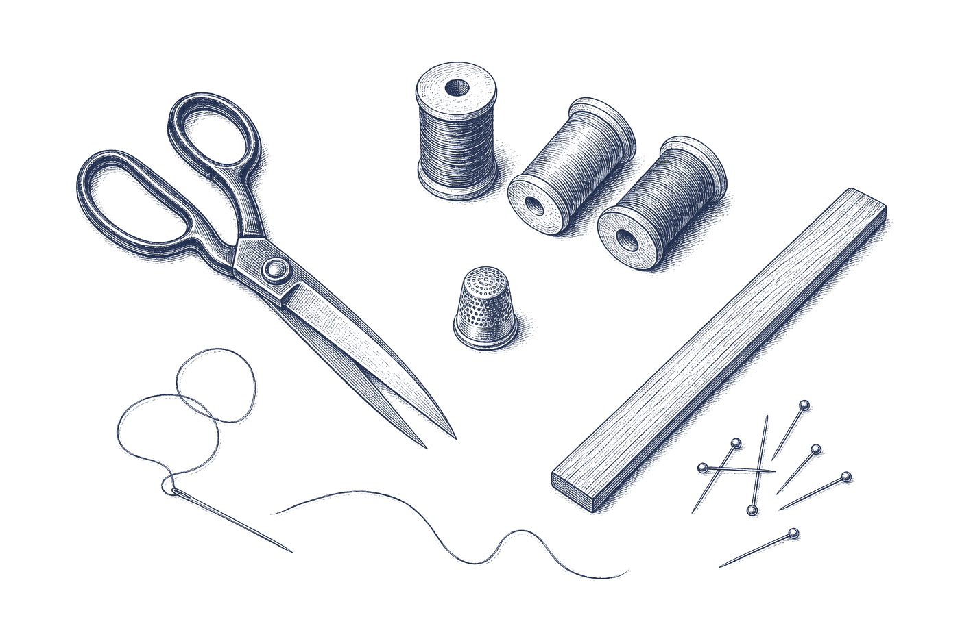 Planche gravée des outils de l’atelier : ciseaux de tailleur, bobines de fil, aiguille, dé à coudre, mètre et épingles.