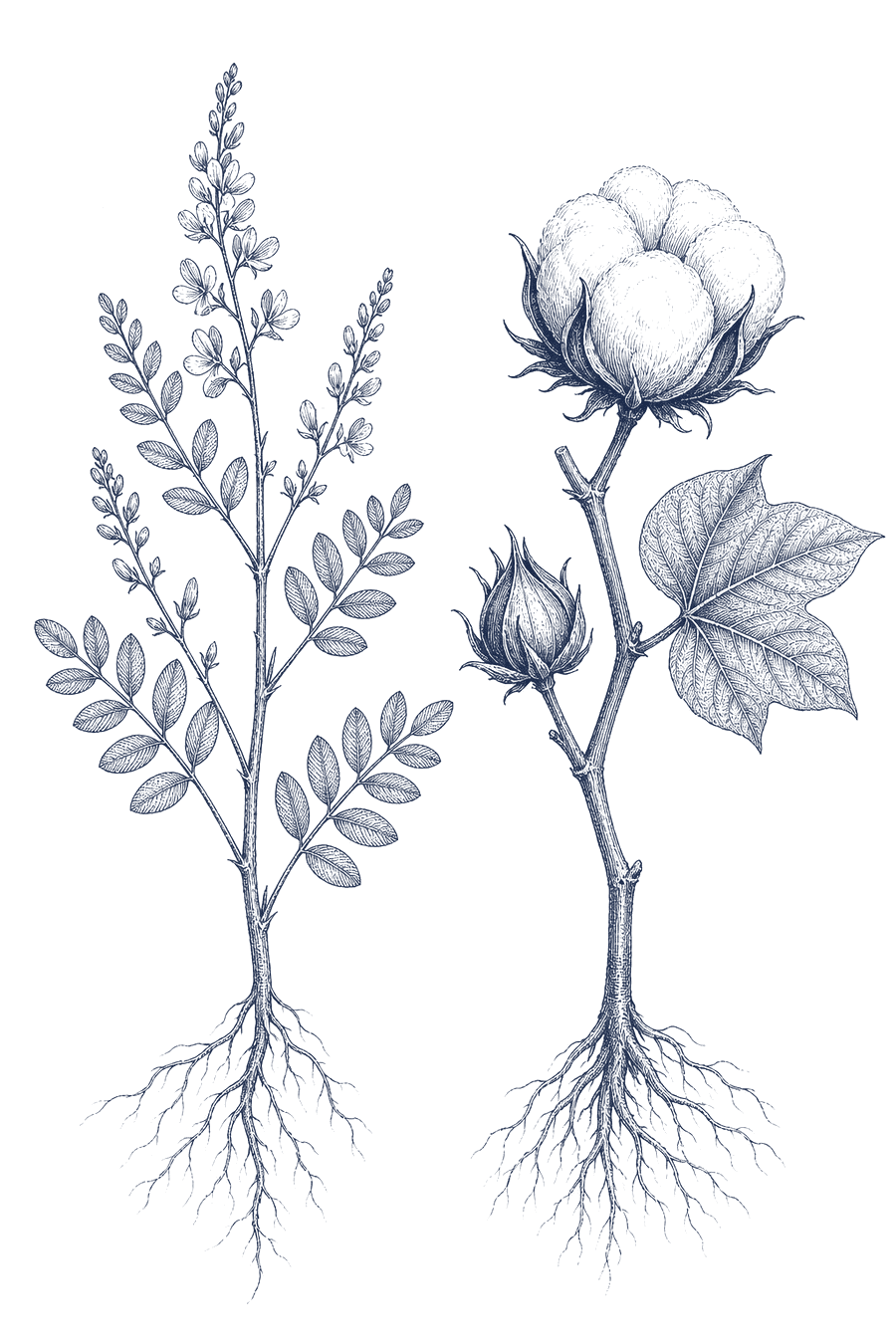 Planche botanique gravée : une branche d’indigotier et une branche de cotonnier avec sa capsule ouverte.